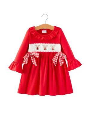 Christmas Bow Red Smocking Embroidery Girls Dress