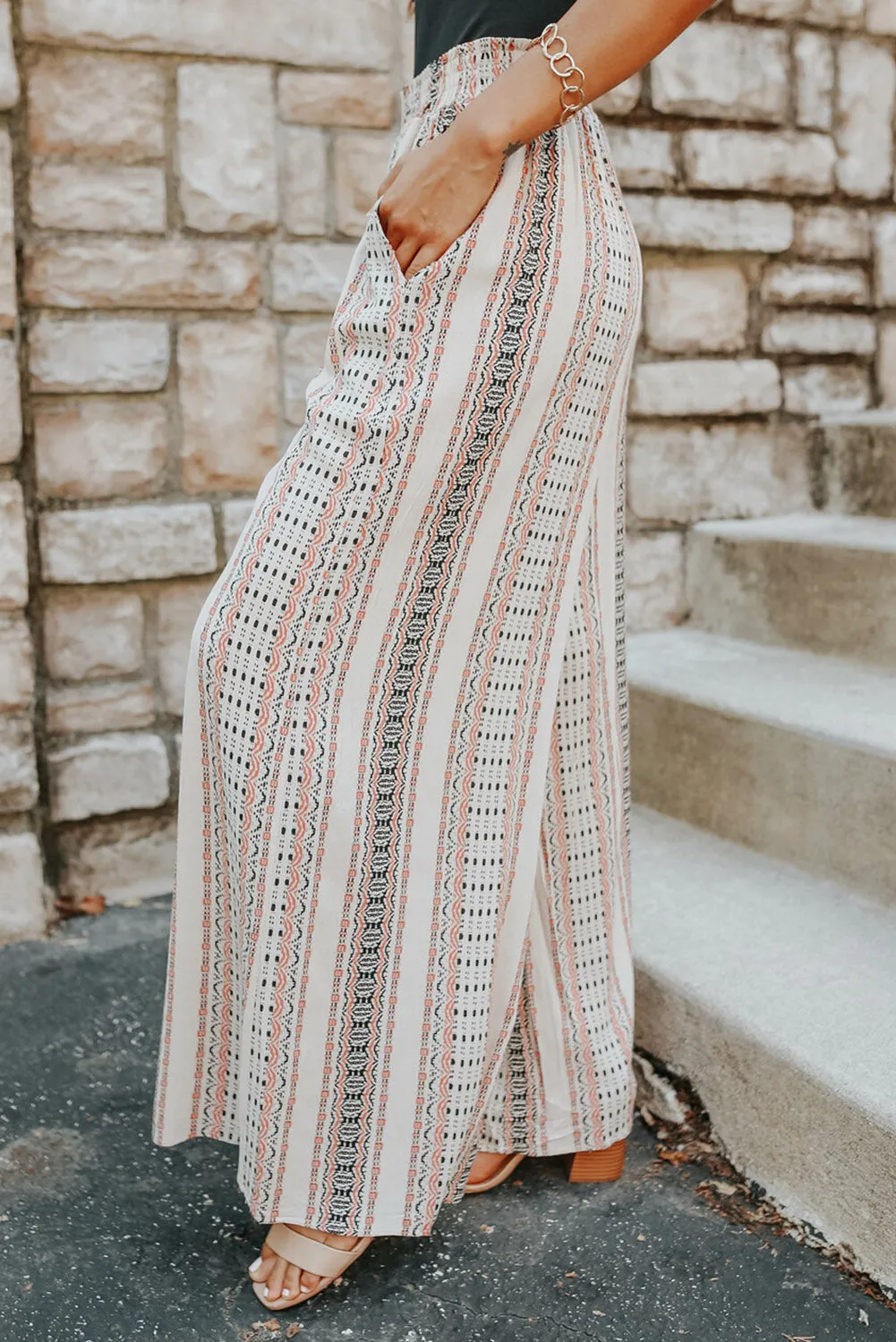 Geometric Stripe Smocked Waist Pants