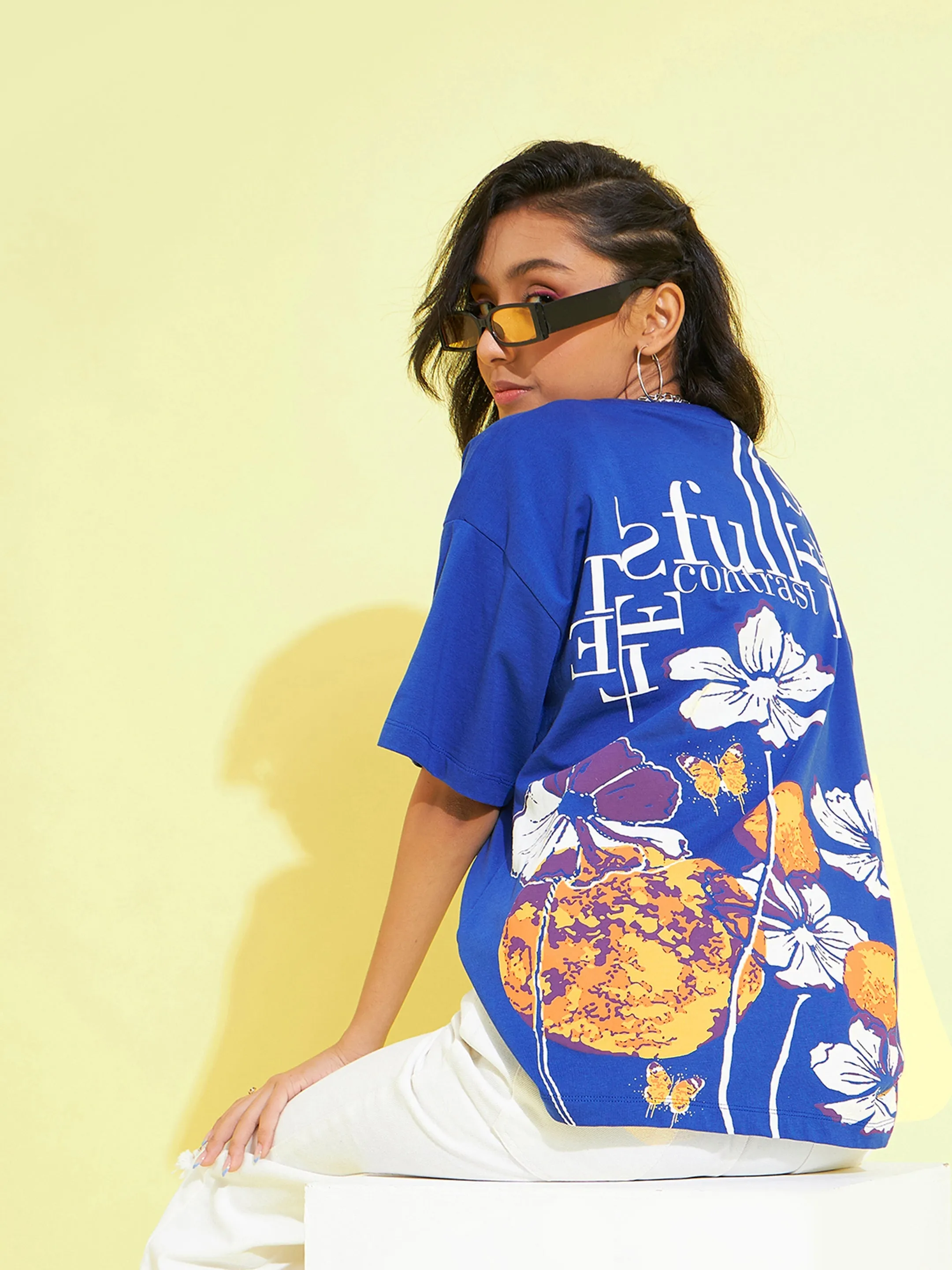 Girls Royal Blue Floral Print Oversized T-Shirt