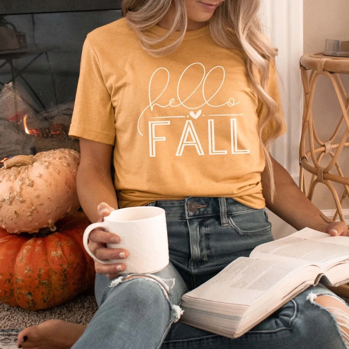 Hello Fall With Heart Wholesale Bella Graphic Tee - Fast Shipping