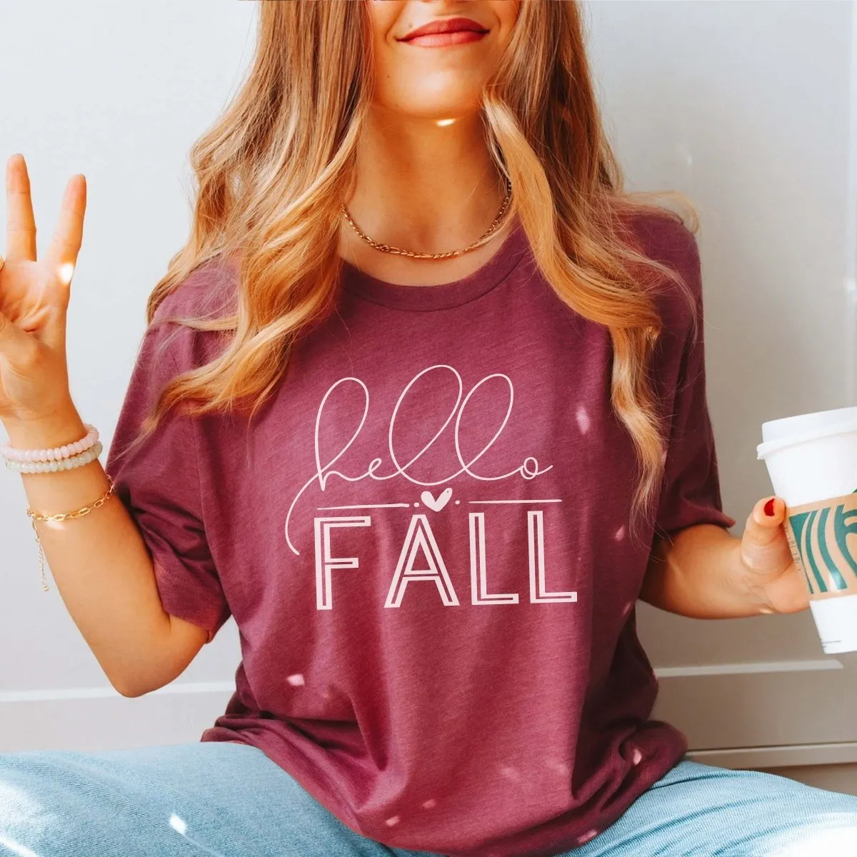 Hello Fall With Heart Wholesale Bella Graphic Tee - Fast Shipping