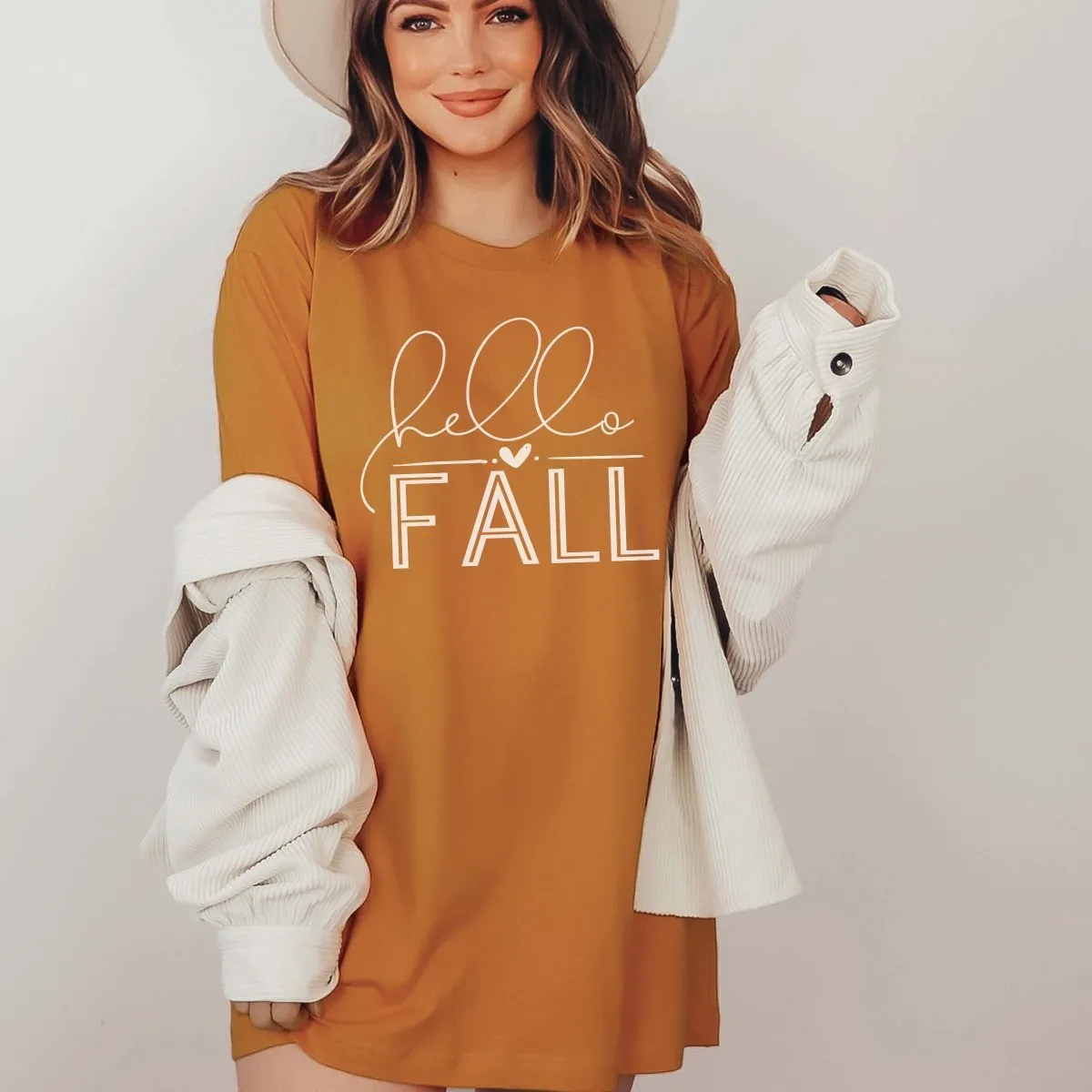 Hello Fall With Heart Wholesale Bella Graphic Tee - Fast Shipping