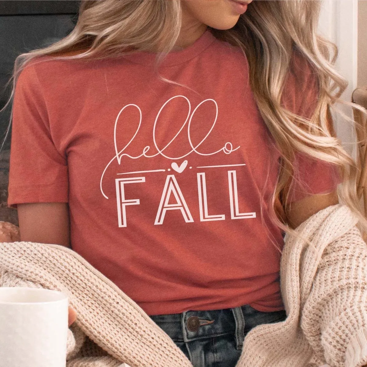 Hello Fall With Heart Wholesale Bella Graphic Tee - Fast Shipping