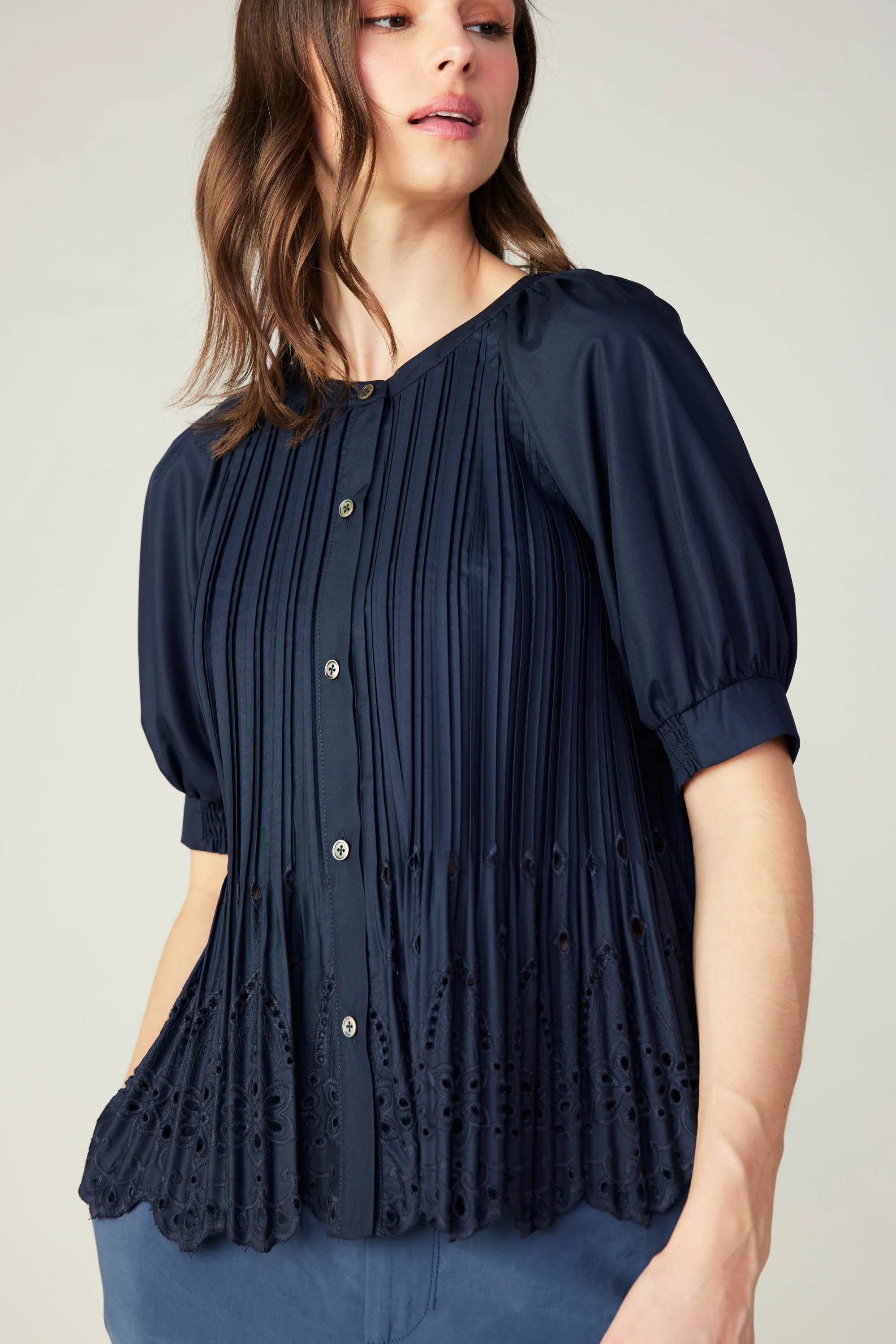 Pleated Eyelet Blouse