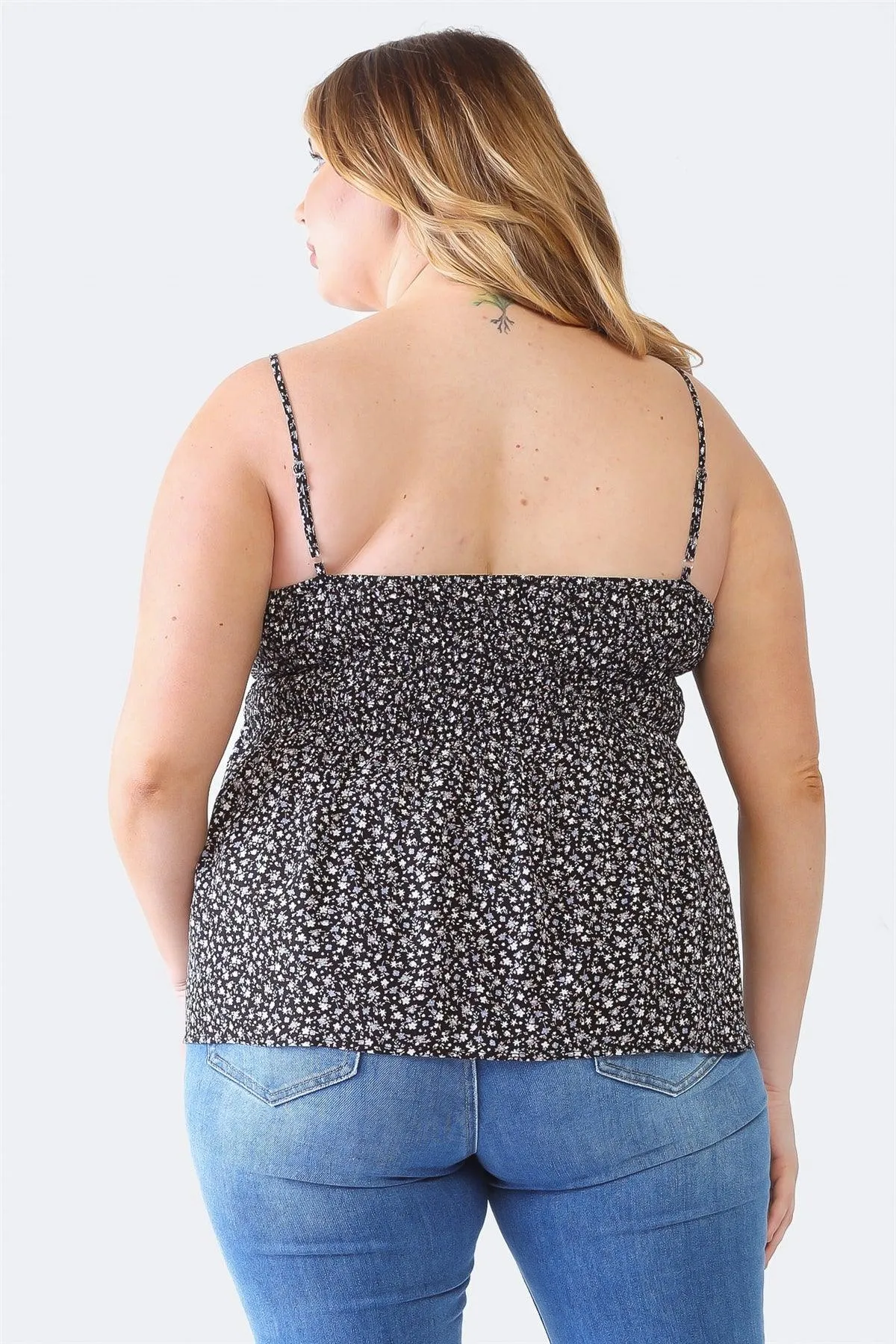 Plus Size Floral Strappy Ruched Smoked Back Top