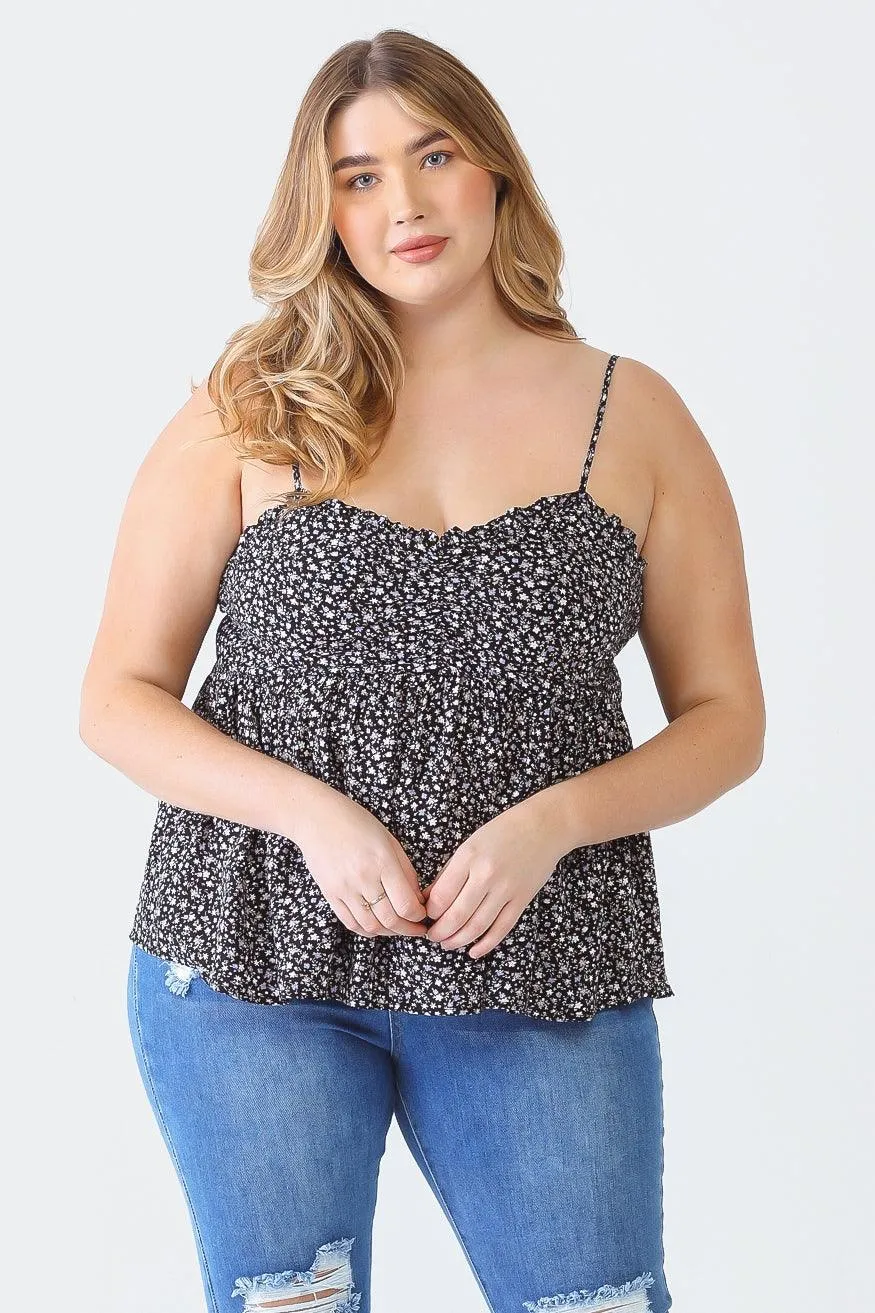 Plus Size Floral Strappy Ruched Smoked Back Top