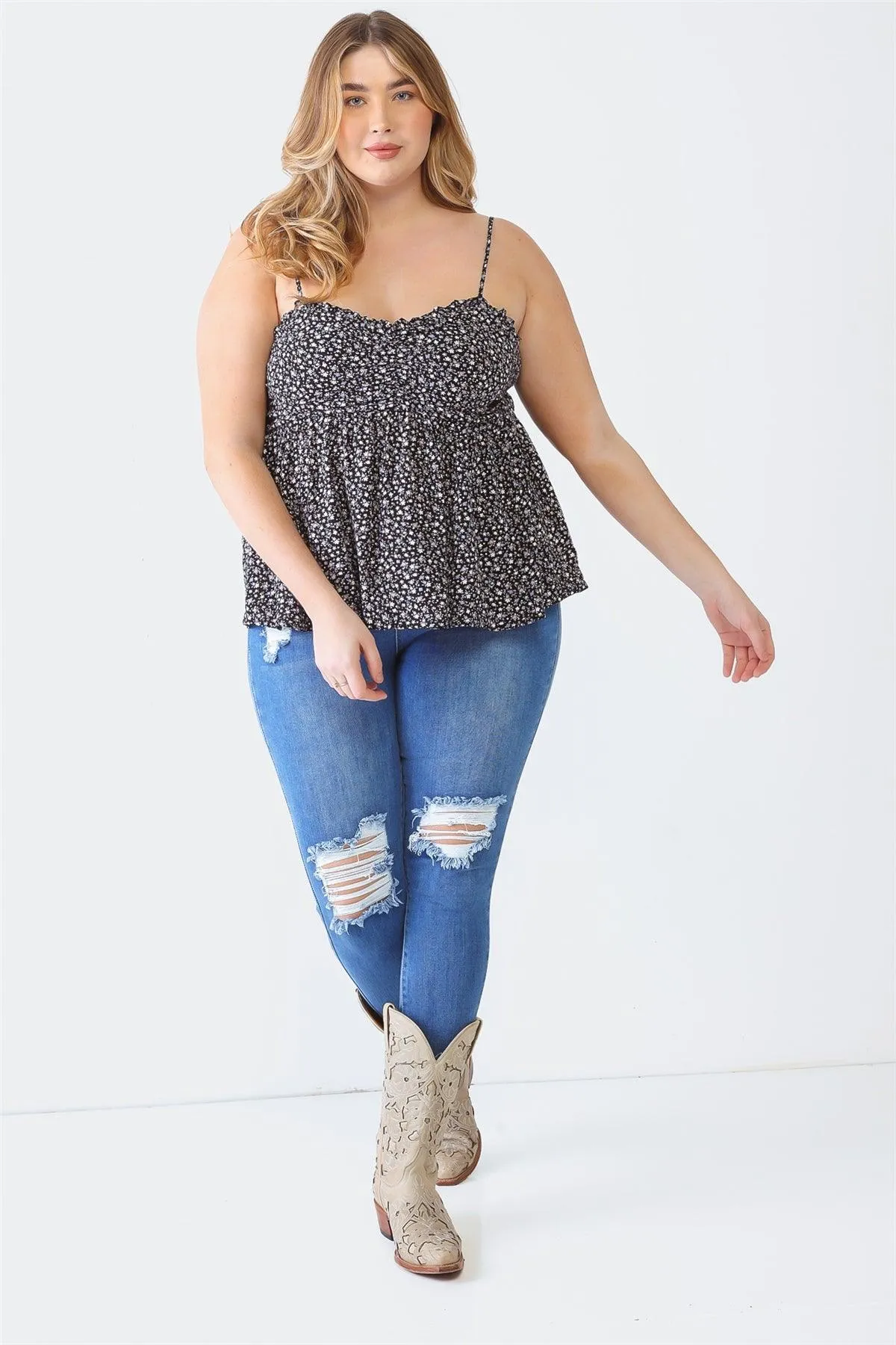 Plus Size Floral Strappy Ruched Smoked Back Top