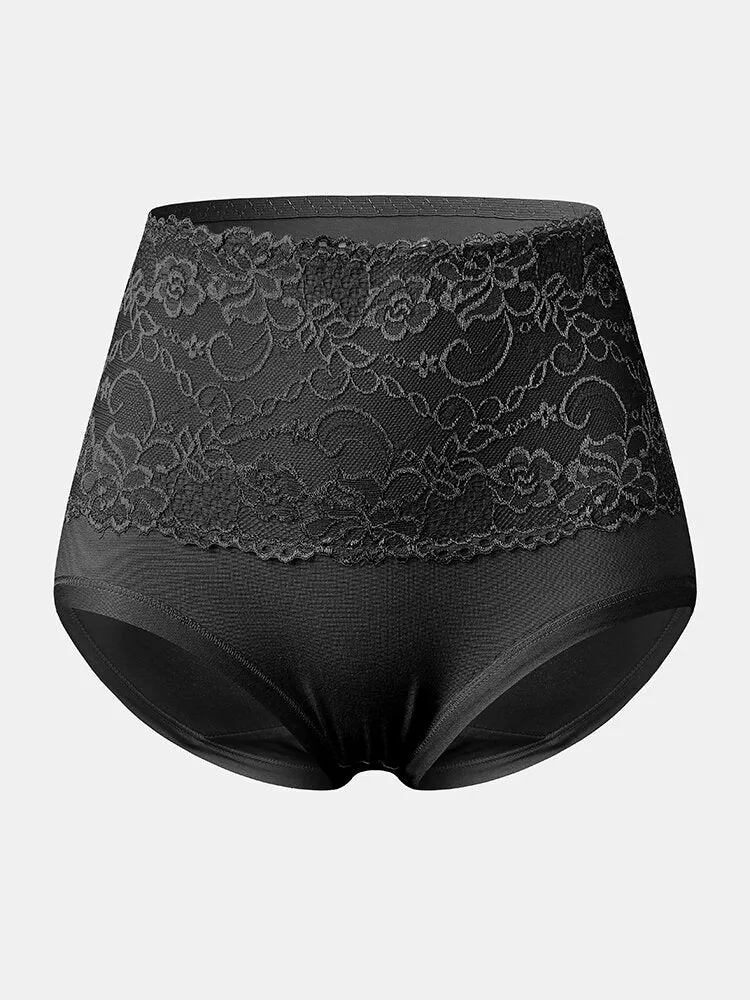 Plus Size Women Floral Lace Solid Color Cozy High Waist Panties