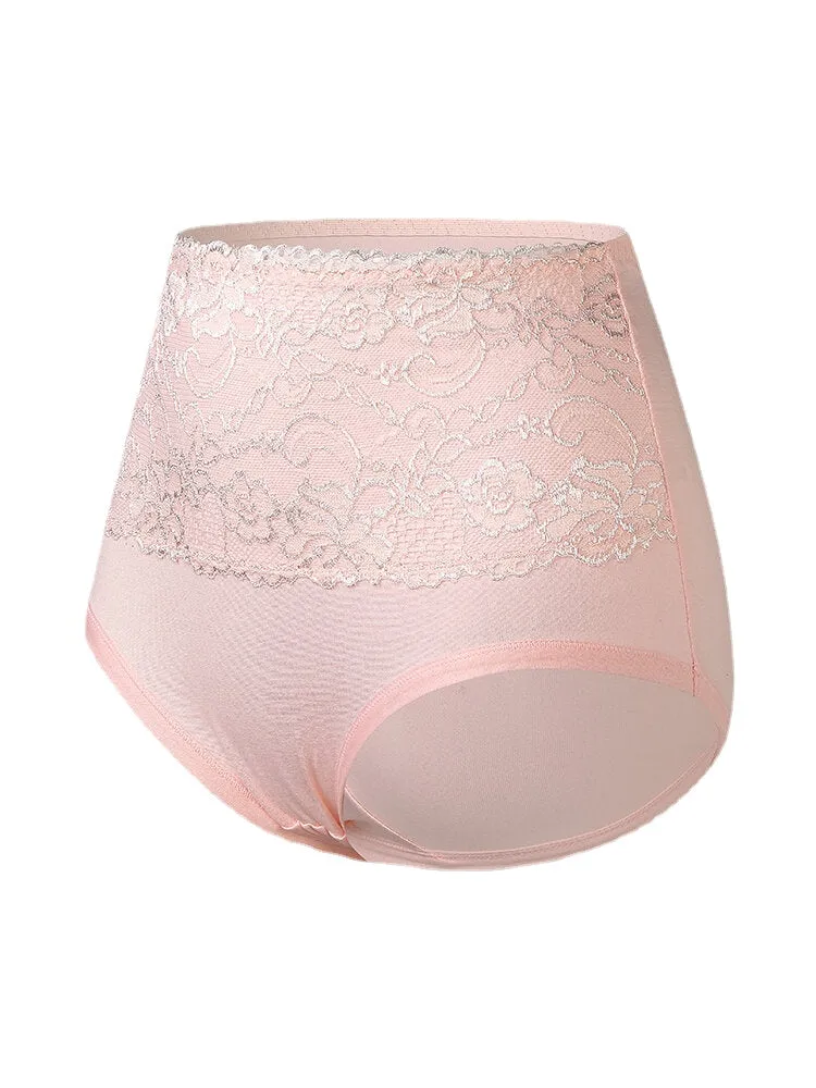 Plus Size Women Floral Lace Solid Color Cozy High Waist Panties