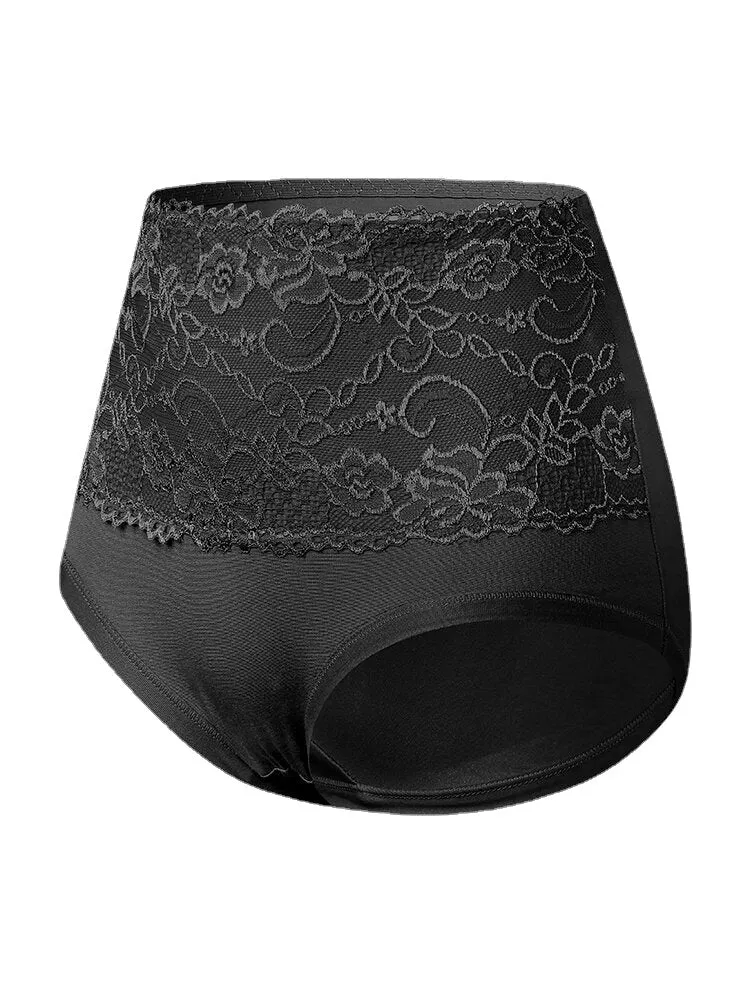 Plus Size Women Floral Lace Solid Color Cozy High Waist Panties