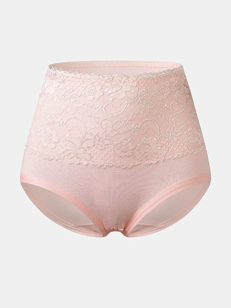 Plus Size Women Floral Lace Solid Color Cozy High Waist Panties