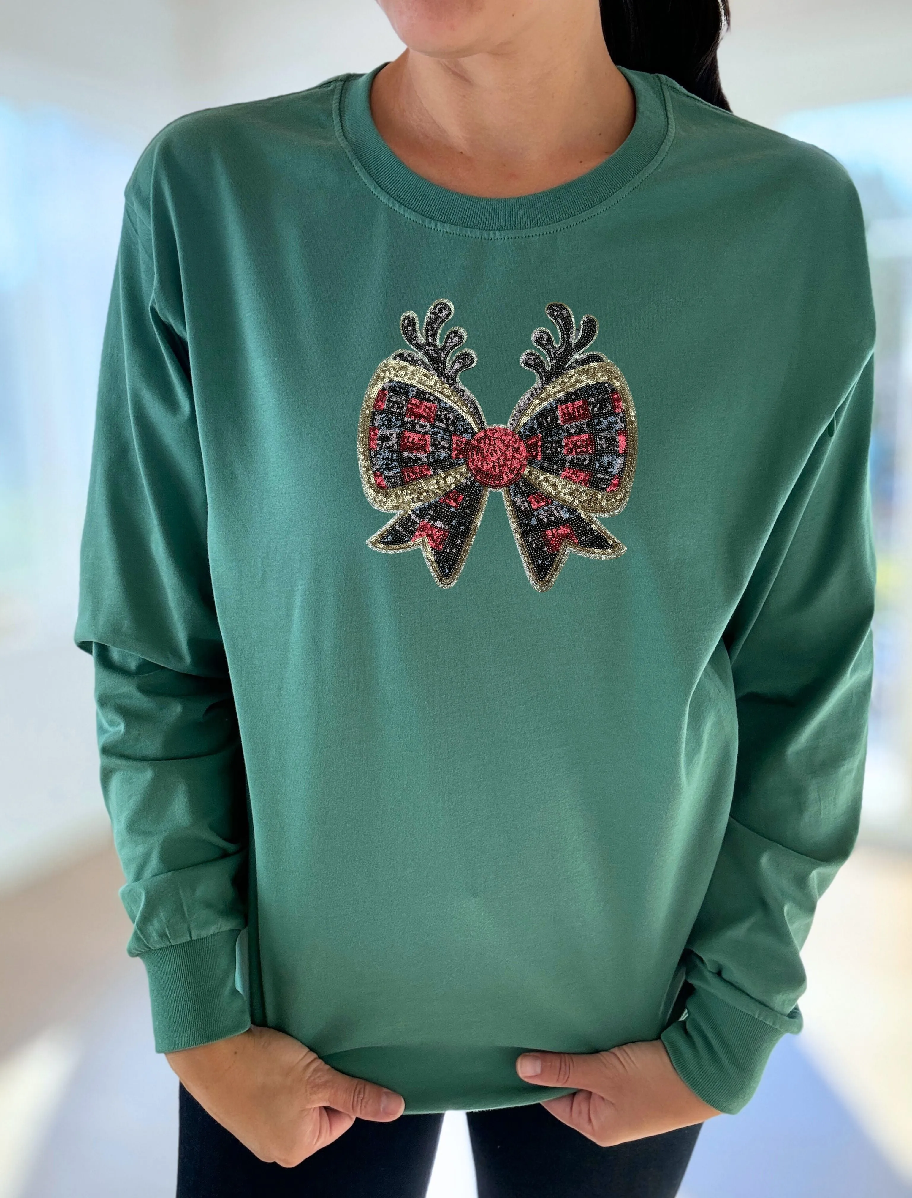 Reindeer Bow Sequins Long Sleeve Comfort Tee