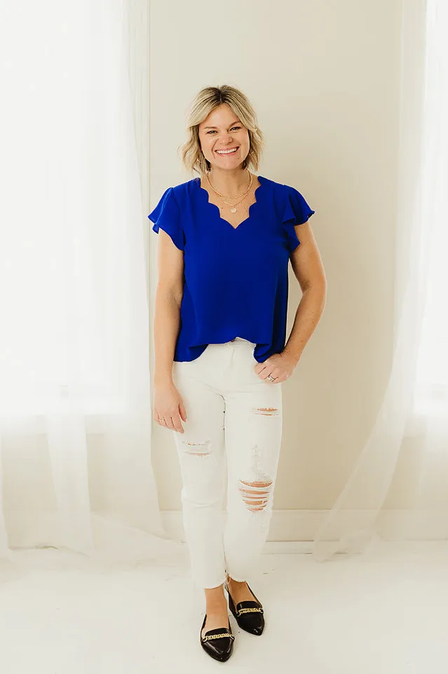 Scalloped V Neck Woven Top