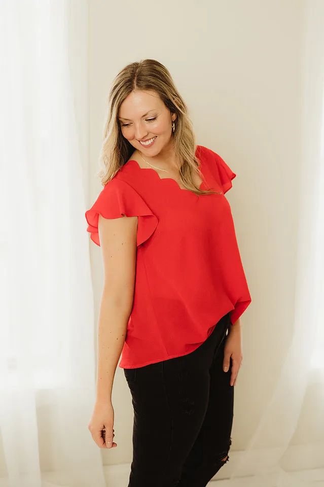 Scalloped V Neck Woven Top