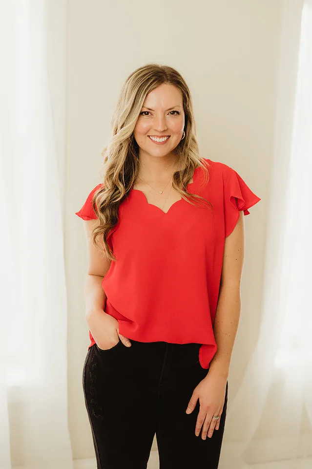 Scalloped V Neck Woven Top