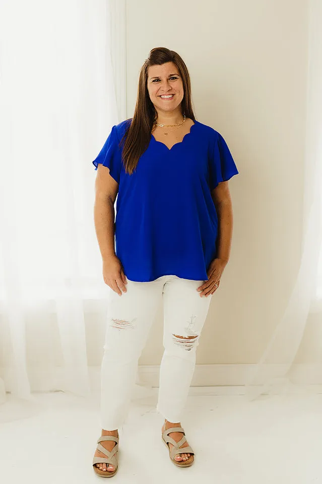 Scalloped V Neck Woven Top