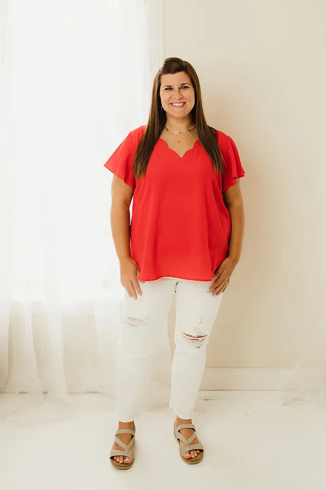 Scalloped V Neck Woven Top