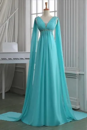 Sequins Ruched V Neck Empire Prom Dress Turquoise Floor Length Sweep Train Prom Dress Unique Lace-up Long Chiffon Prom Dress