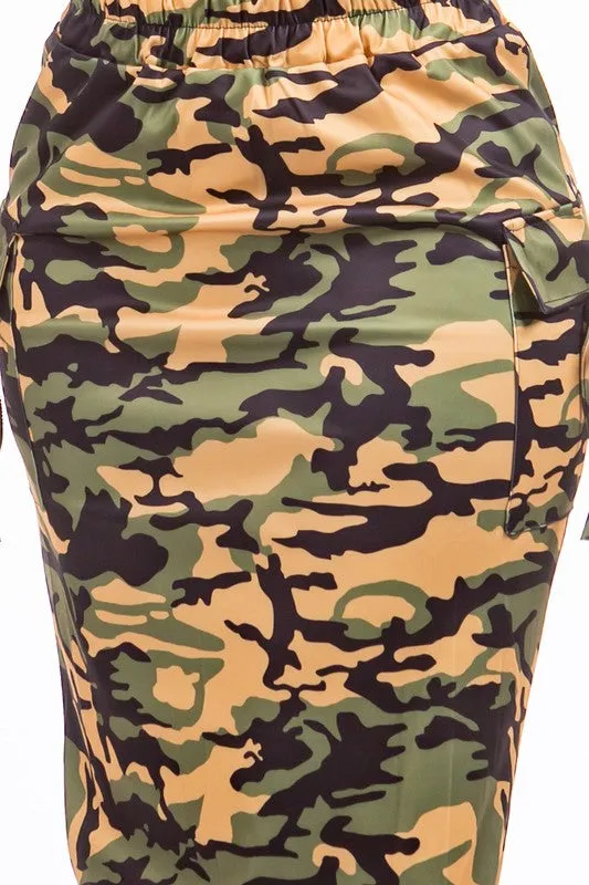 TEEK - GREEN CAMO LONG RUCHED DRAWSTRING SKIRT