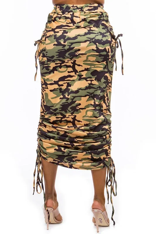 TEEK - GREEN CAMO LONG RUCHED DRAWSTRING SKIRT