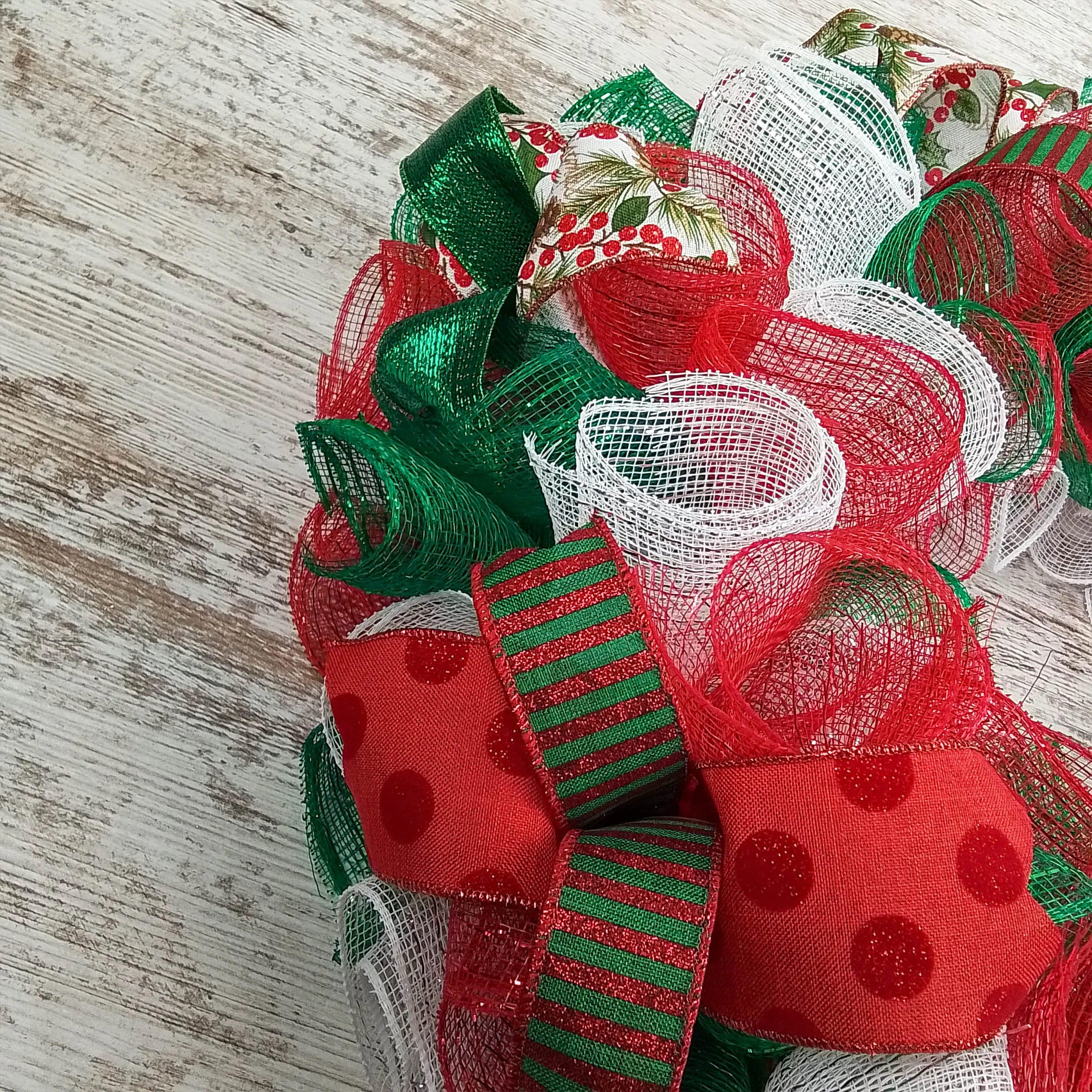 Traditional Christmas Wreath | Red Emerald Green White Mesh Christmas Decor