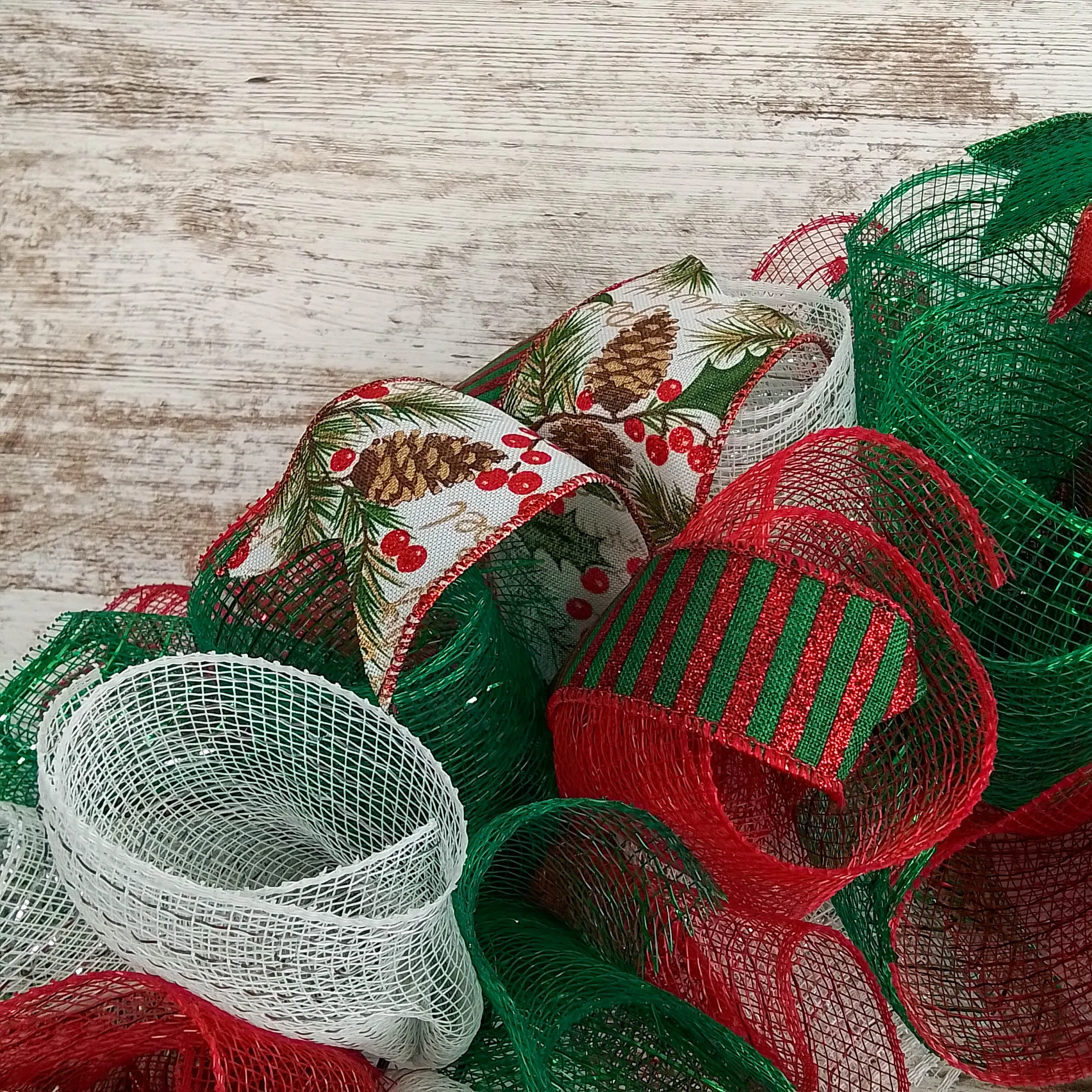 Traditional Christmas Wreath | Red Emerald Green White Mesh Christmas Decor