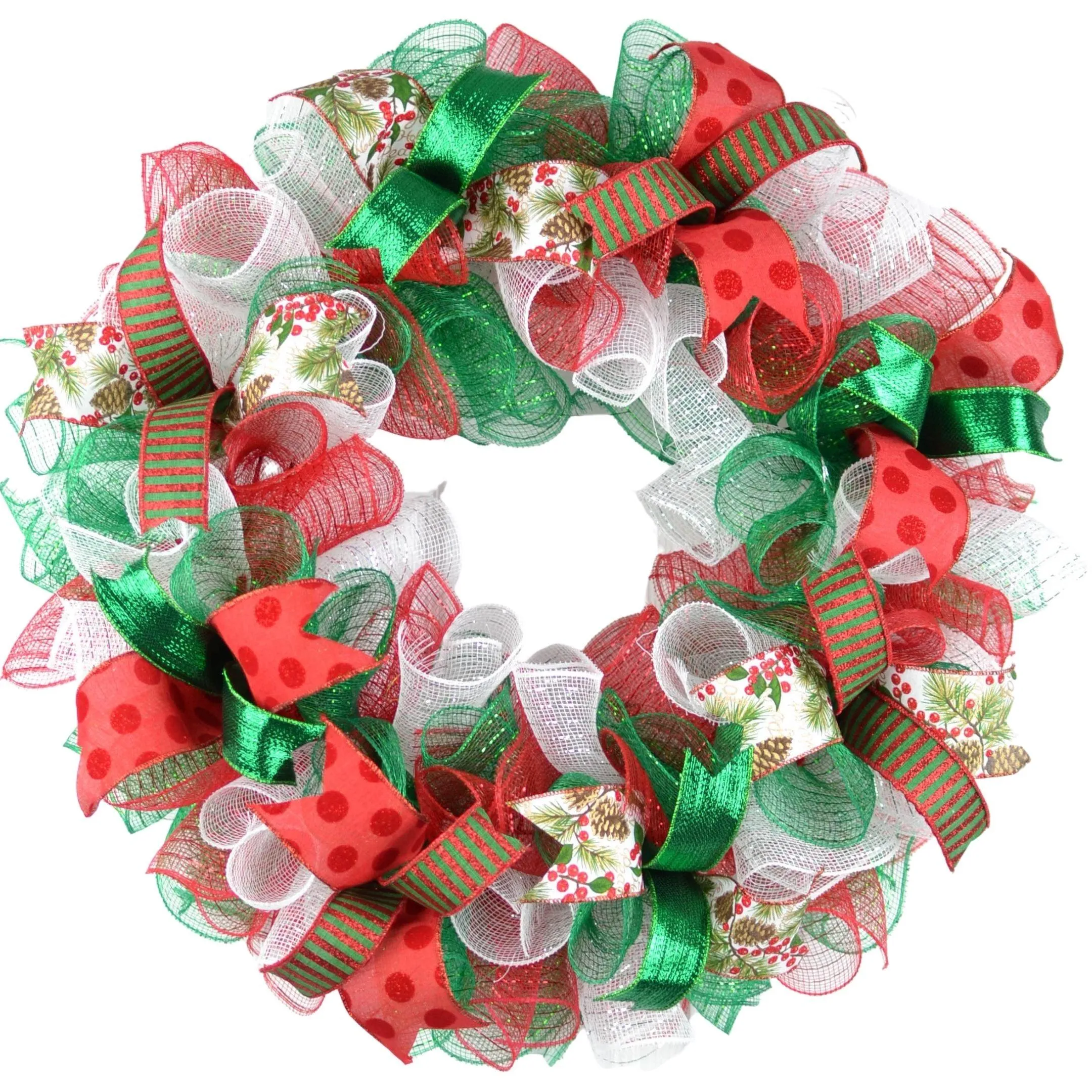 Traditional Christmas Wreath | Red Emerald Green White Mesh Christmas Decor