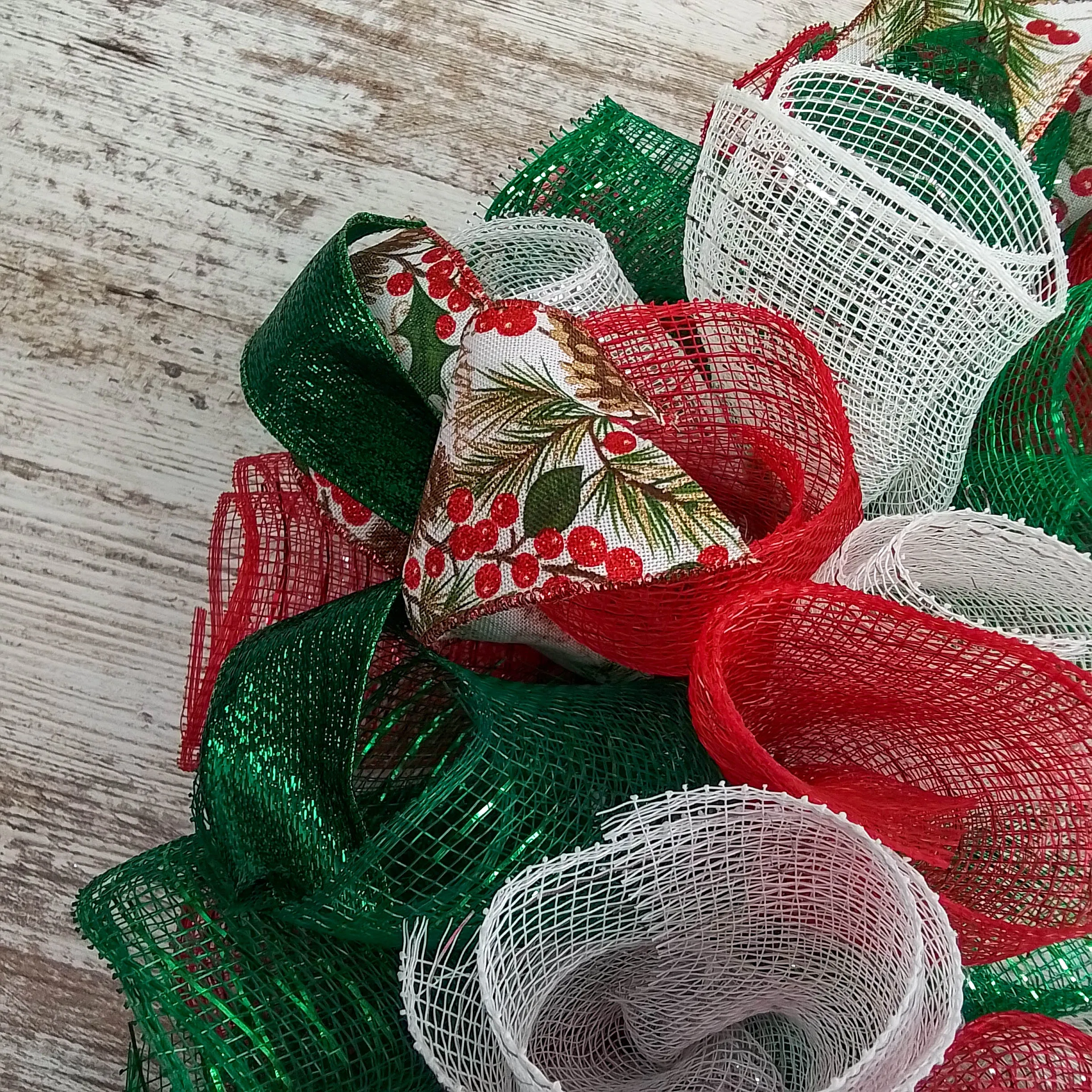 Traditional Christmas Wreath | Red Emerald Green White Mesh Christmas Decor