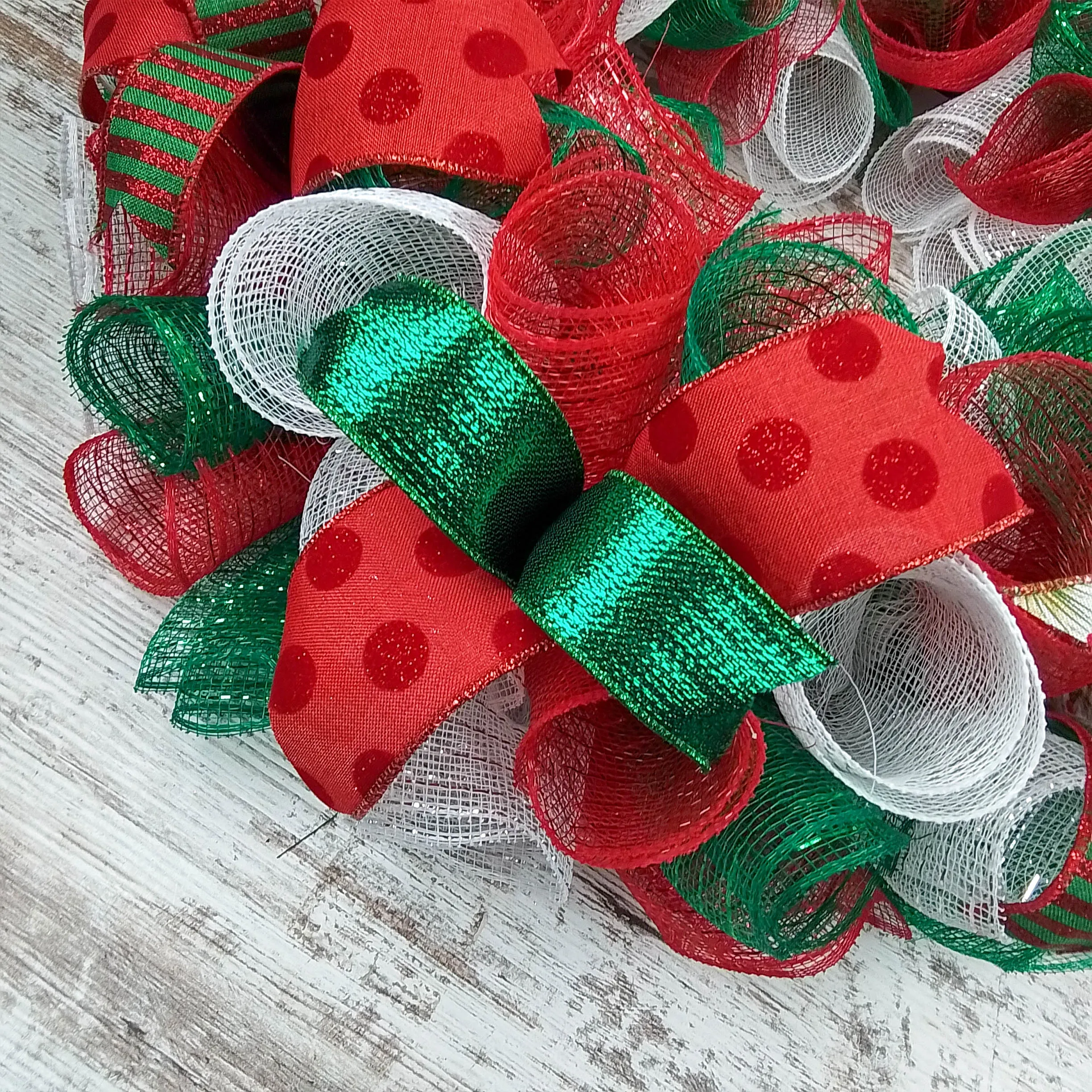 Traditional Christmas Wreath | Red Emerald Green White Mesh Christmas Decor