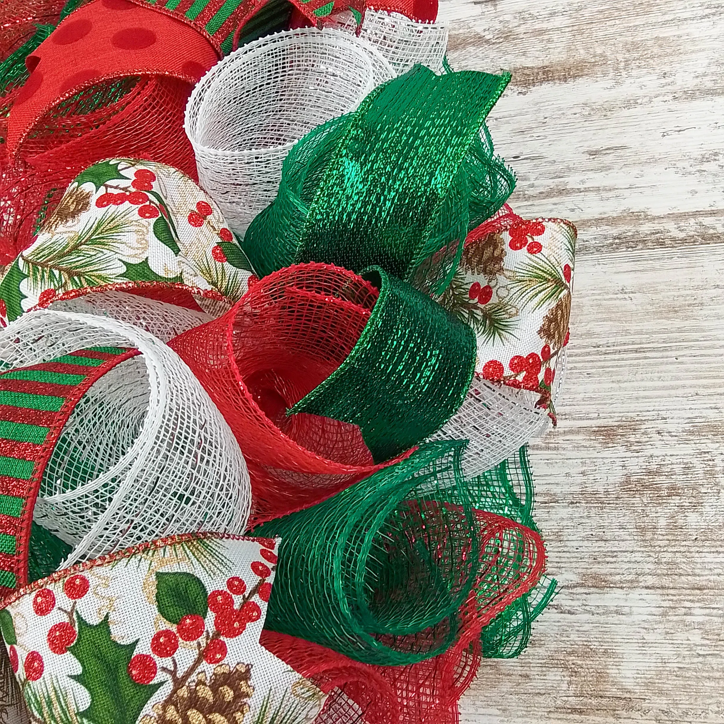 Traditional Christmas Wreath | Red Emerald Green White Mesh Christmas Decor