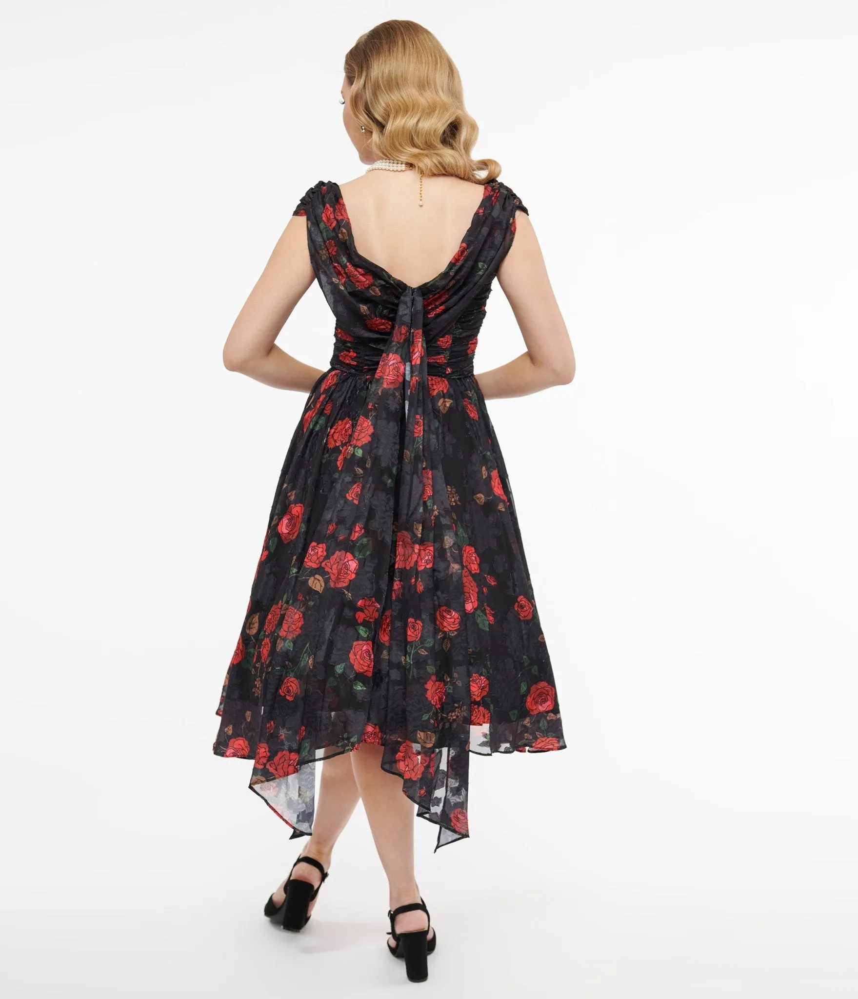 Unique Vintage 1950s Black & Red Rose Off The Shoulder Cocktail Dress