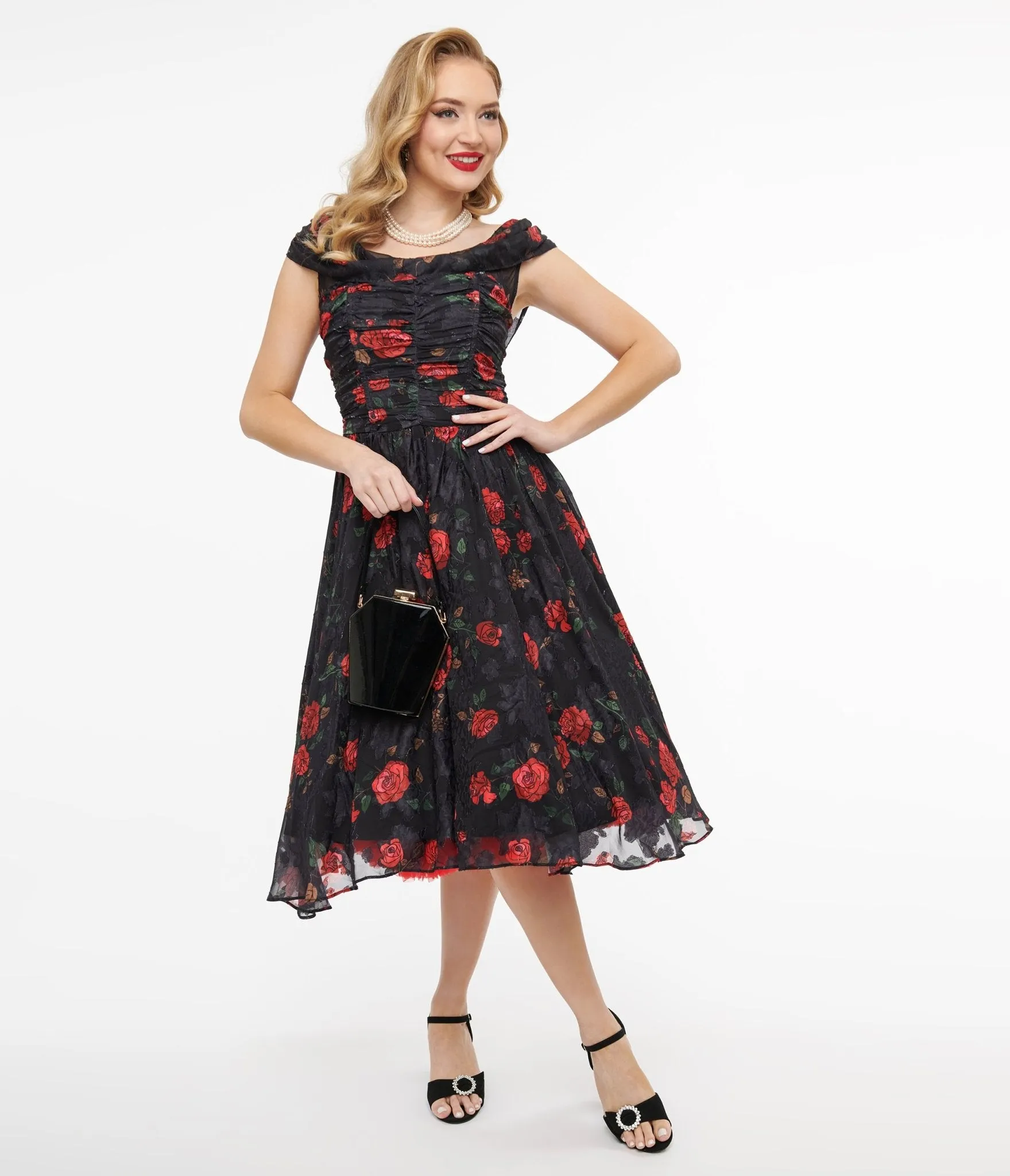 Unique Vintage 1950s Black & Red Rose Off The Shoulder Cocktail Dress