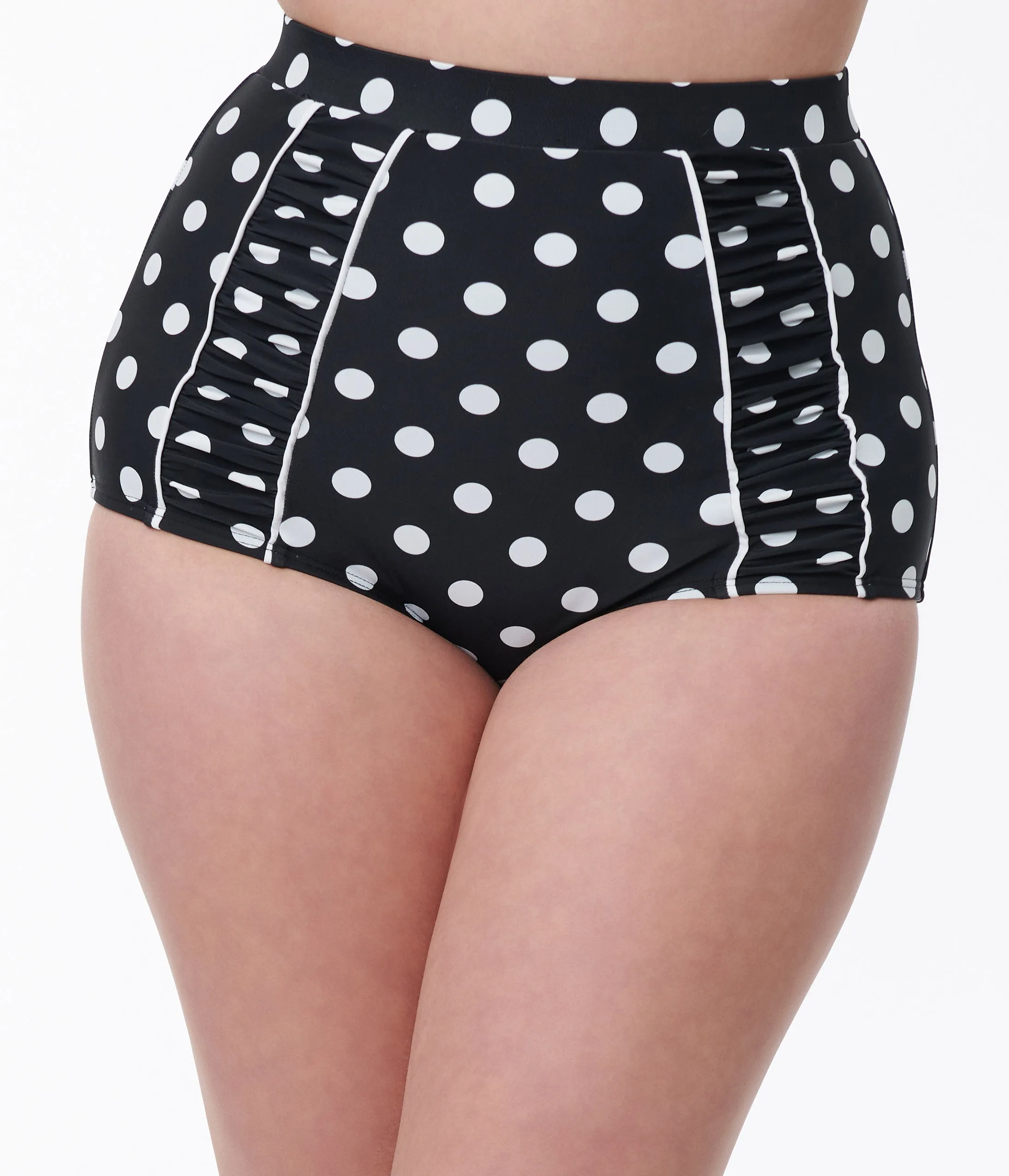 Unique Vintage Black & White Polka Dot Ruched Swim Bottom