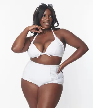 Unique Vintage Plus Size White Ruched Swim Bottom