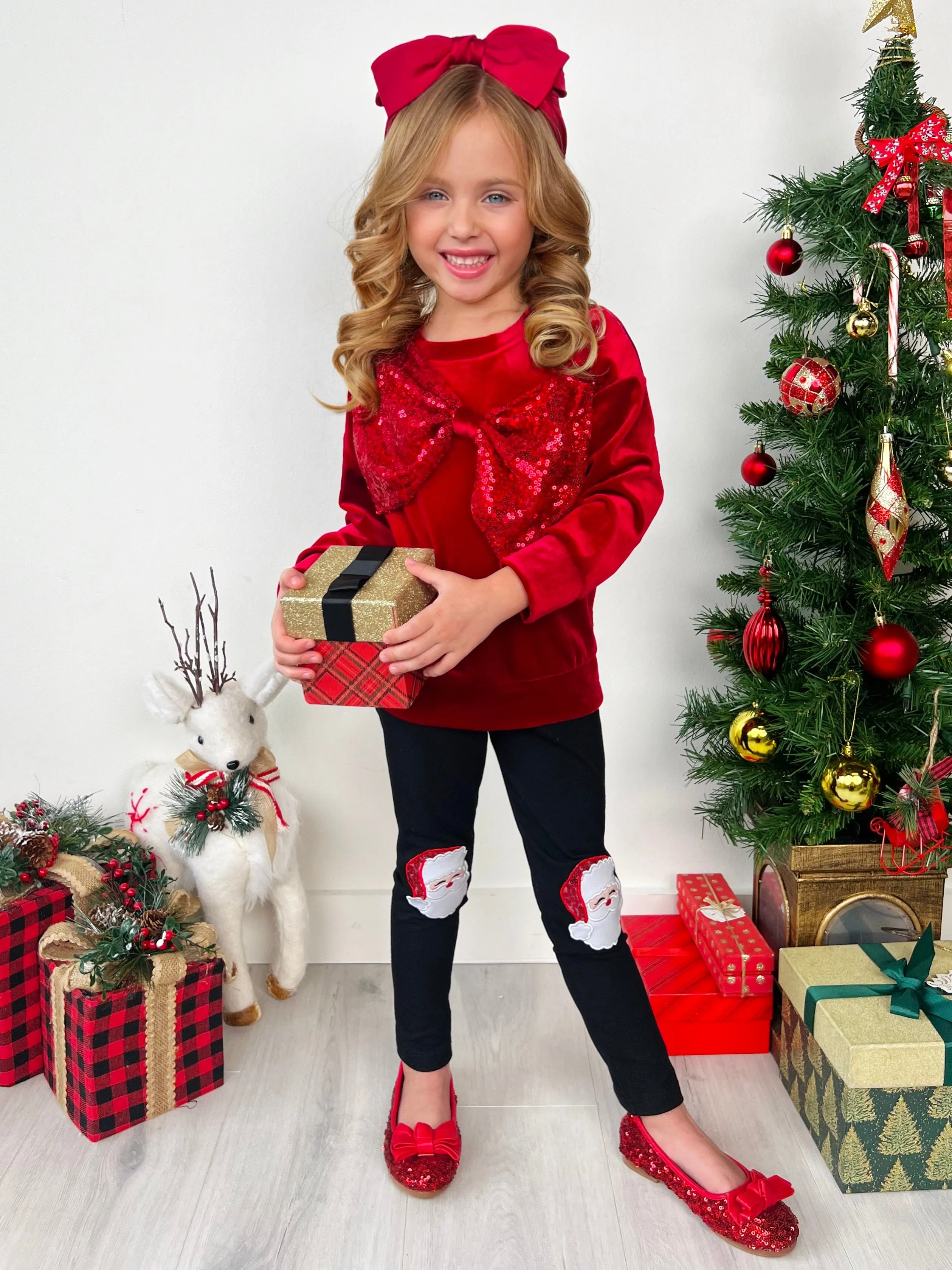 Velvet Sparkle Bow Top and Santa Legging Set