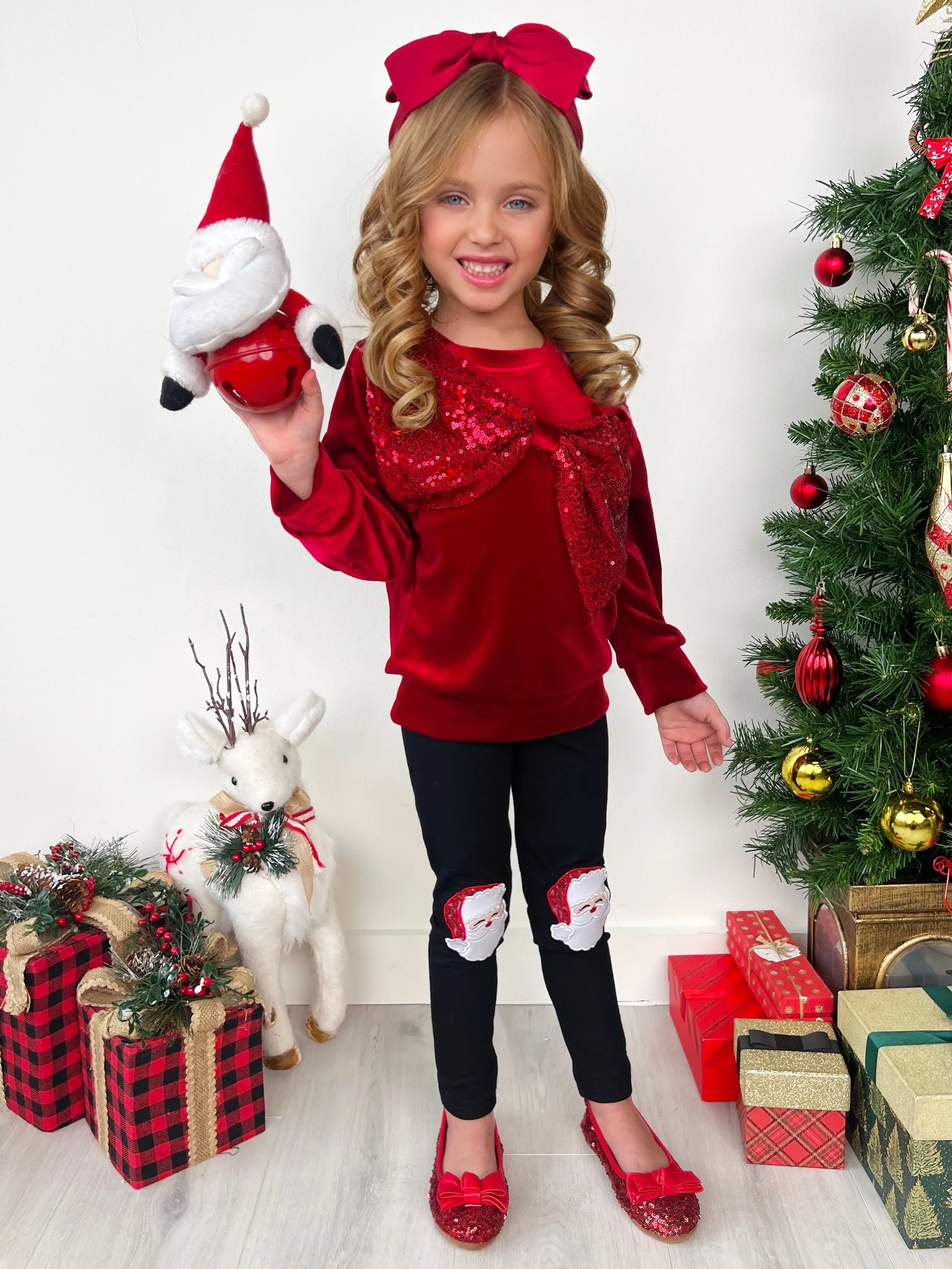 Velvet Sparkle Bow Top and Santa Legging Set