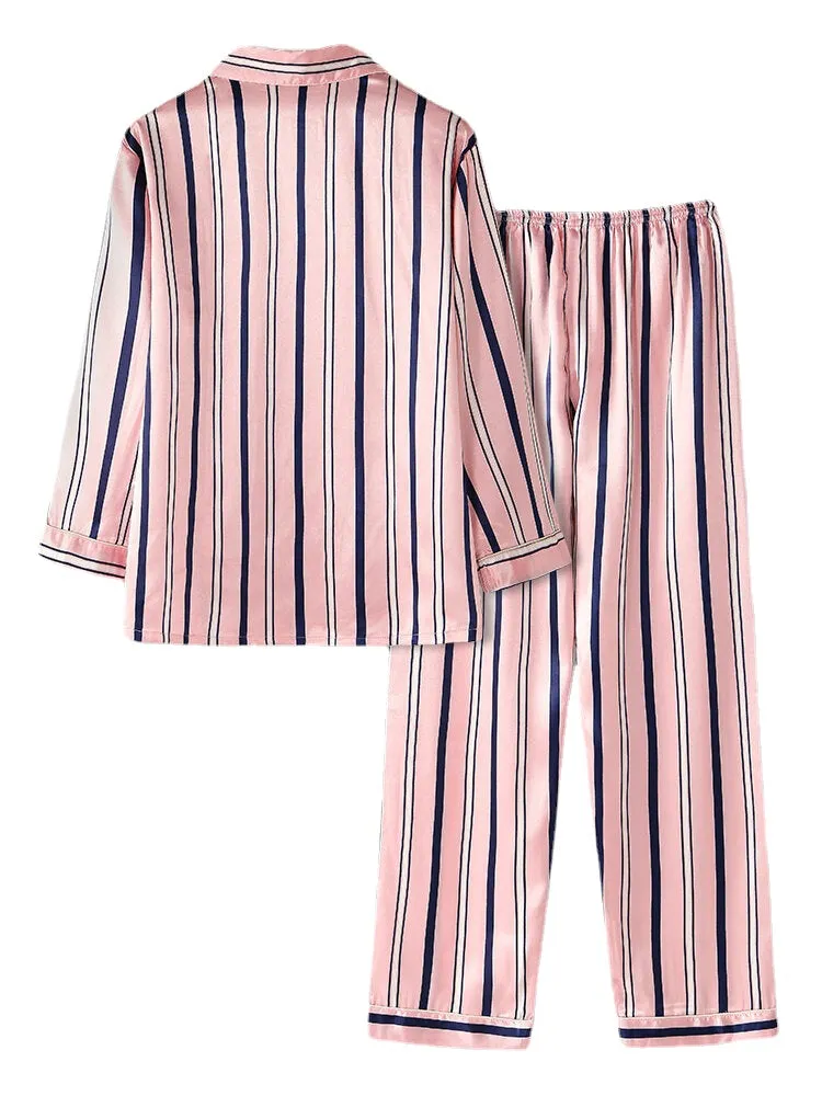 Women Classic Striped Camp Collar Long Sleeve Elastic Faux Silk Waist Home Cozy Pajama Set