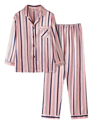 Women Classic Striped Camp Collar Long Sleeve Elastic Faux Silk Waist Home Cozy Pajama Set