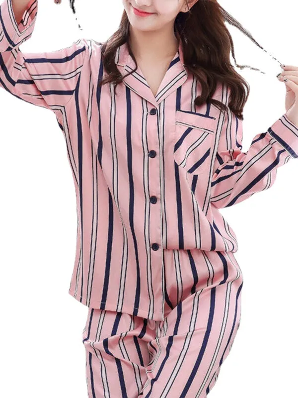 Women Classic Striped Camp Collar Long Sleeve Elastic Faux Silk Waist Home Cozy Pajama Set