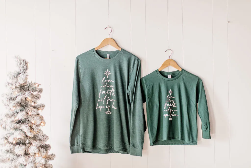 Youth Hope Is Here Christmas Tree Forest Green Long Sleeve Tee by Rustic Honey