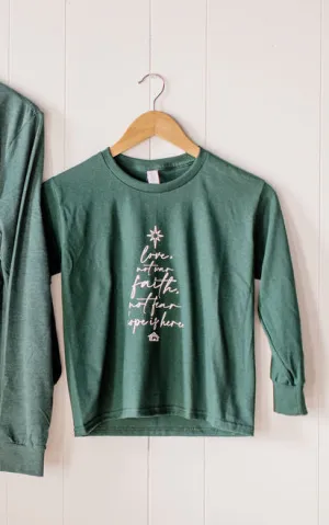 Youth Hope Is Here Christmas Tree Forest Green Long Sleeve Tee by Rustic Honey